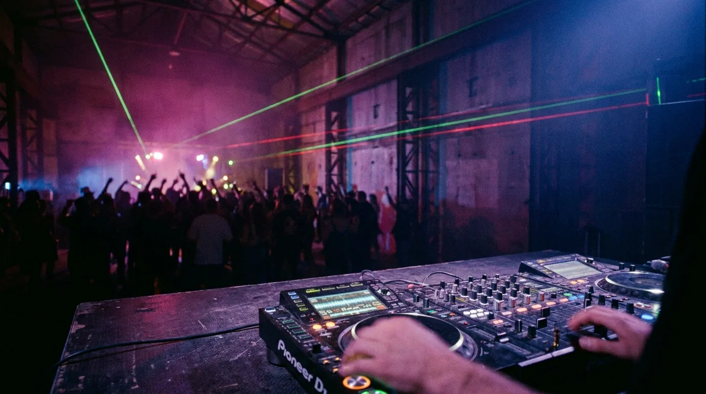 Sydney warehouse party with lasers and haze
